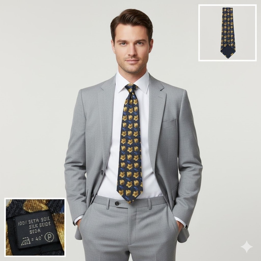 Ermenegildo‎ Zegna 100% Silk Floral Tie Yellow Blue Black Herringbone Pattern